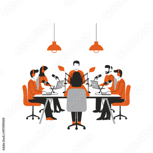 Team collaboratively working in a modern office setting with laptops and microphones