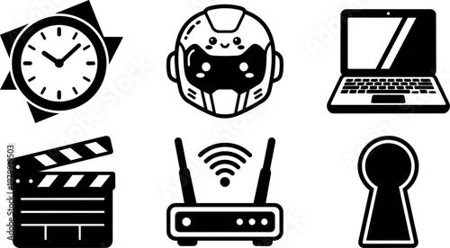 Black and white icons of clock wifi router laptop keyhole robot and clapperboard