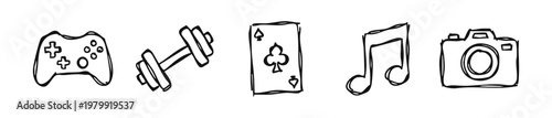 Hand Drawn Leisure Hobby Icons Featuring Gaming Fitness Music and Cards