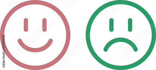 Red happy and green sad circle faces indicating positive and negative feedback for user experience review