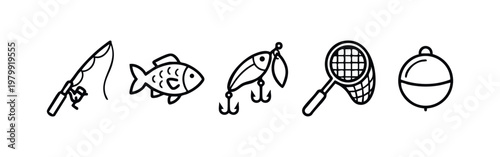 Minimalist Fishing Icons Set with Rod Fish Lure and Net