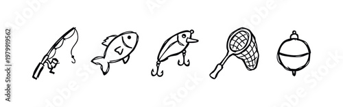 Hand Drawn Fishing Tackle and Equipment Icon Collection