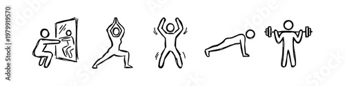 Hand Drawn Fitness Stick Figures Doing Yoga Squats and Weightlifting