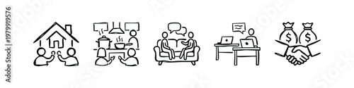 Hand Drawn Lifestyle and Social Interaction Icons Featuring Family and Work