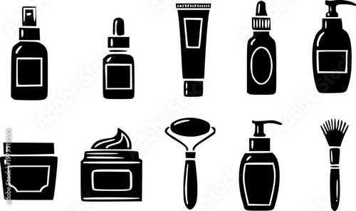 Collection of black silhouette skincare beauty products and tools white background