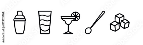 Set of 5 minimalist line art icons: shaker, tall glass, cocktail glass, bar spoon, ice cubes.