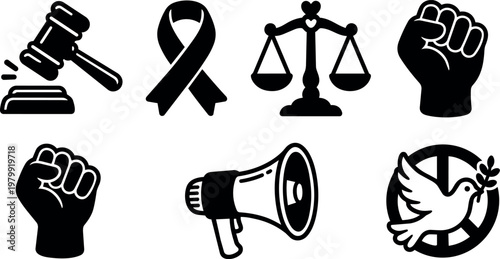 Black silhouette icons of raised fist legal gavel peace dove and ribbon