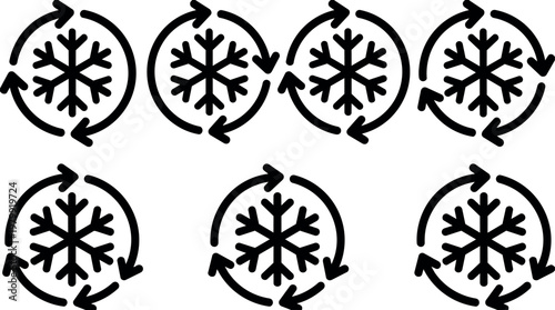 Black snowflake with circular arrow symbols set in flat design
