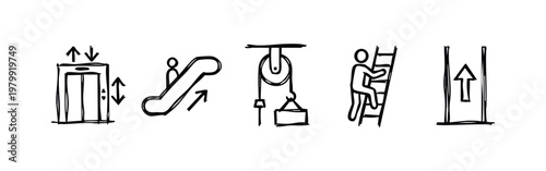Collection of five icons representing movement and elevation in hand-drawn style
