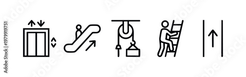 Collection of five icons representing movement and elevation in outline style