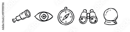 Collection of five discovery and exploration icons in hand-drawn style