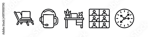 Set of five icons related to remote work and communication in outline style
