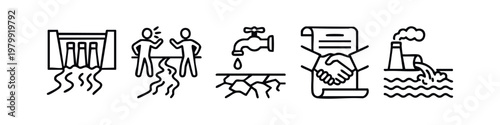 Set of five water management and environmental icons in outline style