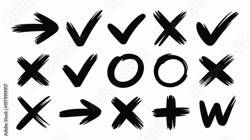 Collection of hand drawn check marks crosses arrows and abstract shapes