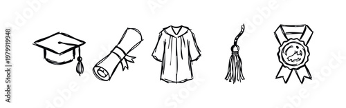 Graduation Icons: Cap, Scroll, Robe, Tassel, Medal