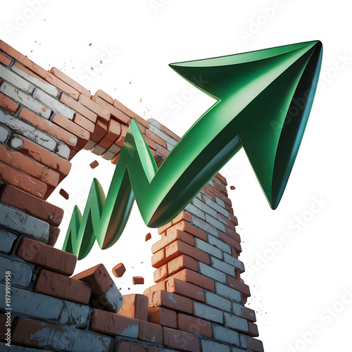 Green upward arrow breaking through a brick wall isolated on transparent background