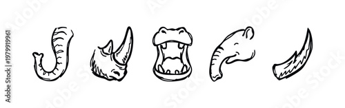 Sketchy Animal Icons: Elephant Trunk, Rhino Head, Hippo Mouth, Tapir, and Tusk