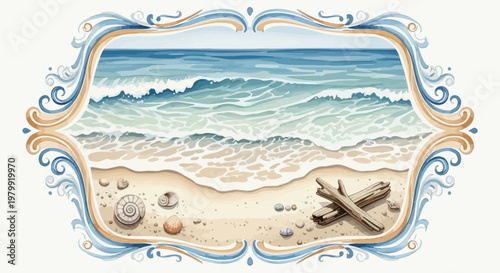 Seaside Tranquility: Beach Scene with Seashells and Driftwood in Ornate Frame