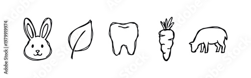 Doodle Icons: Rabbit, Leaf, Tooth, Carrot, and Sheep