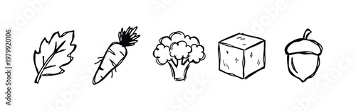 Set of 5 hand-drawn food and nature icons in black outline on white background