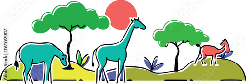 African savanna landscape with grazing giraffes and stylized trees under red sun illustration