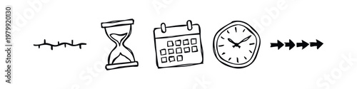 Set of 5 hand-drawn time and progress icons in black outline on white background