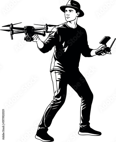 Man holding drone and remote control in black silhouette