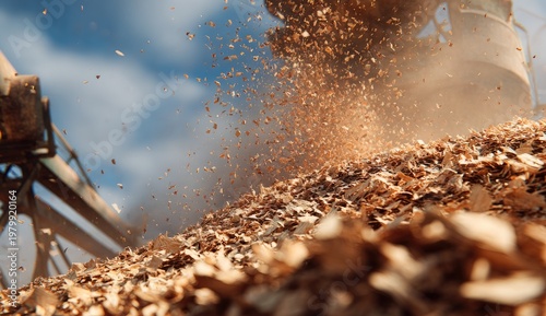 Close-up of wood chips being processed in an industrial setting.