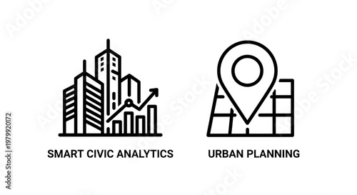 Smart civic analytics and urban planning icons with analytics, planning