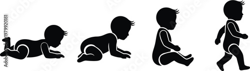 Human evolution silhouette from crawling baby to upright walking adult