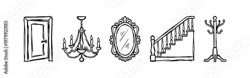 Set of 5 hand-drawn interior design icons in black outline on white background