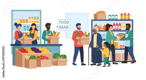 Community food bank illustration people receiving supplies volunteers assisting customers fresh produce groceries shopping helping others