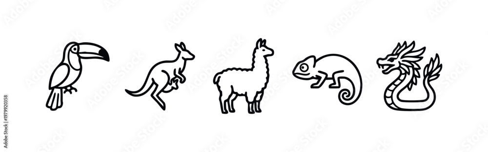 Fototapeta premium Line art icons of animals: toucan, kangaroo, llama, chameleon, dragon