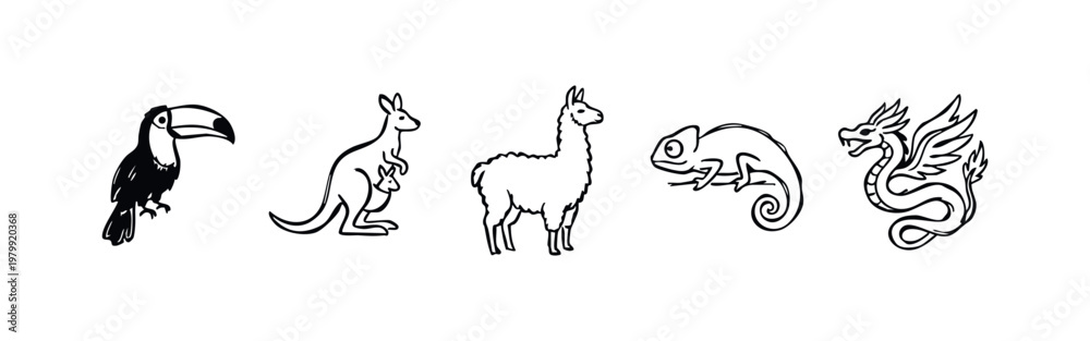 Fototapeta premium Doodle drawings of animals: toucan, kangaroo, llama, chameleon, dragon