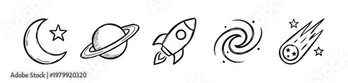 Doodle drawings of space objects: moon, planet, rocket, galaxy, comet