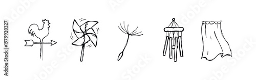 Doodle drawings of wind and weather: weathervane, pinwheel, dandelion, wind chimes, curtain