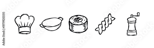 Doodle icons of cooking: chef hat, bowl, sushi roll, pasta, pepper grinder