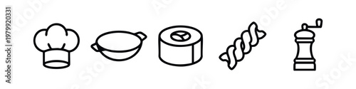 Line art icons of cooking: chef hat, bowl, sushi roll, pasta, pepper grinder