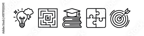 Line art icons representing ideas and success: lightbulb, maze, books, puzzle, target