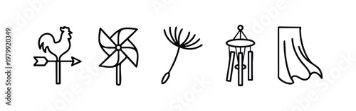 Line art icons of wind and weather: weathervane, pinwheel, dandelion, wind chimes, curtain