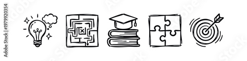 Doodle icons representing ideas and success: lightbulb, maze, books, puzzle, target