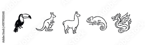 Doodle drawings of animals: toucan, kangaroo, llama, chameleon, dragon