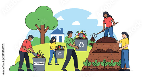 Community composting illustration people nature environment sustainable living