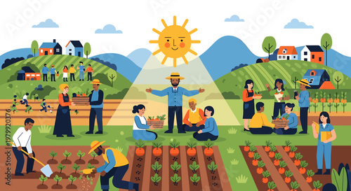 Community agriculture illustration farmers working together harvest crops sunshine day vector