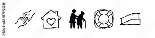 Doodle icons for care and assistance: hands, house with heart, elderly care, lifebuoy, ramp