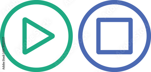 Green play button and blue stop button icons used for media player control interface navigation elements