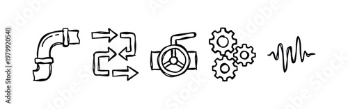 Plumbing, Flow, and Mechanics Icons (Sketch)