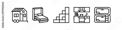 Tiny Home Icon Set: House, Bed, Stairs, Kitchen, Bunk Bed
