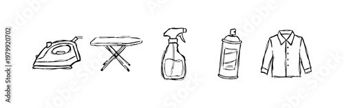 Hand-Drawn Laundry Icons: Iron, Board, Sprayer, Aerosol, Shirt