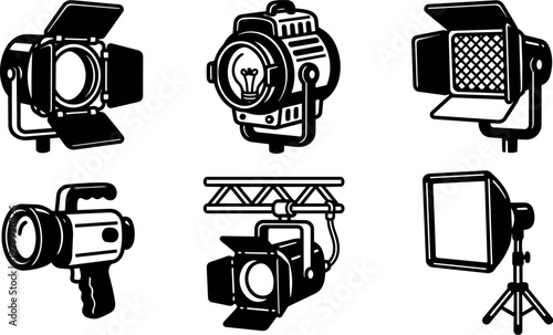 Black and white studio lighting equipment icons with barn doors and softbox vector art